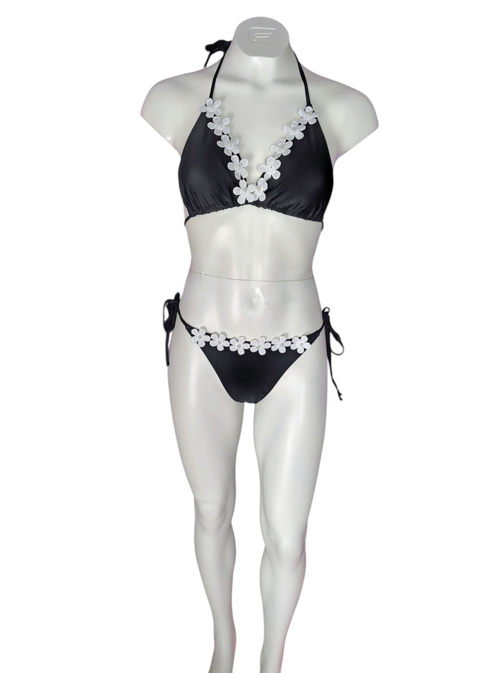Amazon Black Bikini with White Floral Appliqué